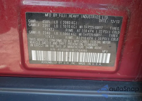 2014 Subaru Outback 2.5I Premium z USA, uszkodzony, nr VIN 4S4BRBCC8E3269980